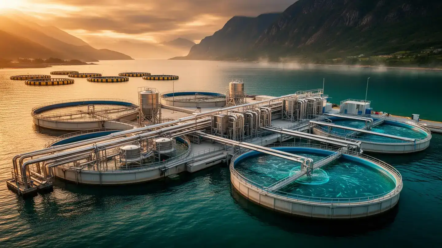 Aerial view of a modern recirculating aquaculture (RAS) facility with sea cages in a coastal fjord at golden hour