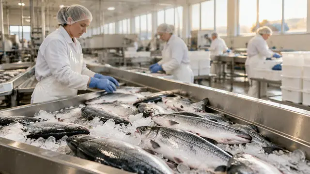 Staff in hygiene clothing grading fresh whole fish on ice in a processing hall