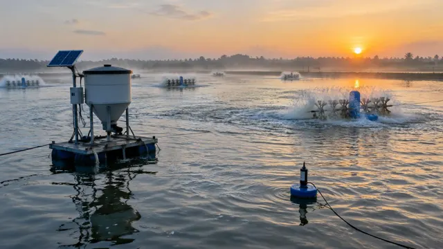 Paddlewheel aerators and an automatic feeder on a shrimp pond at dawn, with a dissolved oxygen sensor on a floating buoy